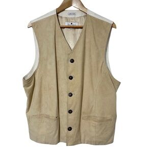 Lamberti Mens Suede Leather Vest with Linen Back Size L Button Up Summer Casual